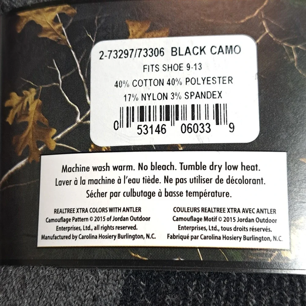 Carolina Ultimate RealTree 2 Pairs Black Camo Socks Men's Shoe 9-13 Made In‎ USA